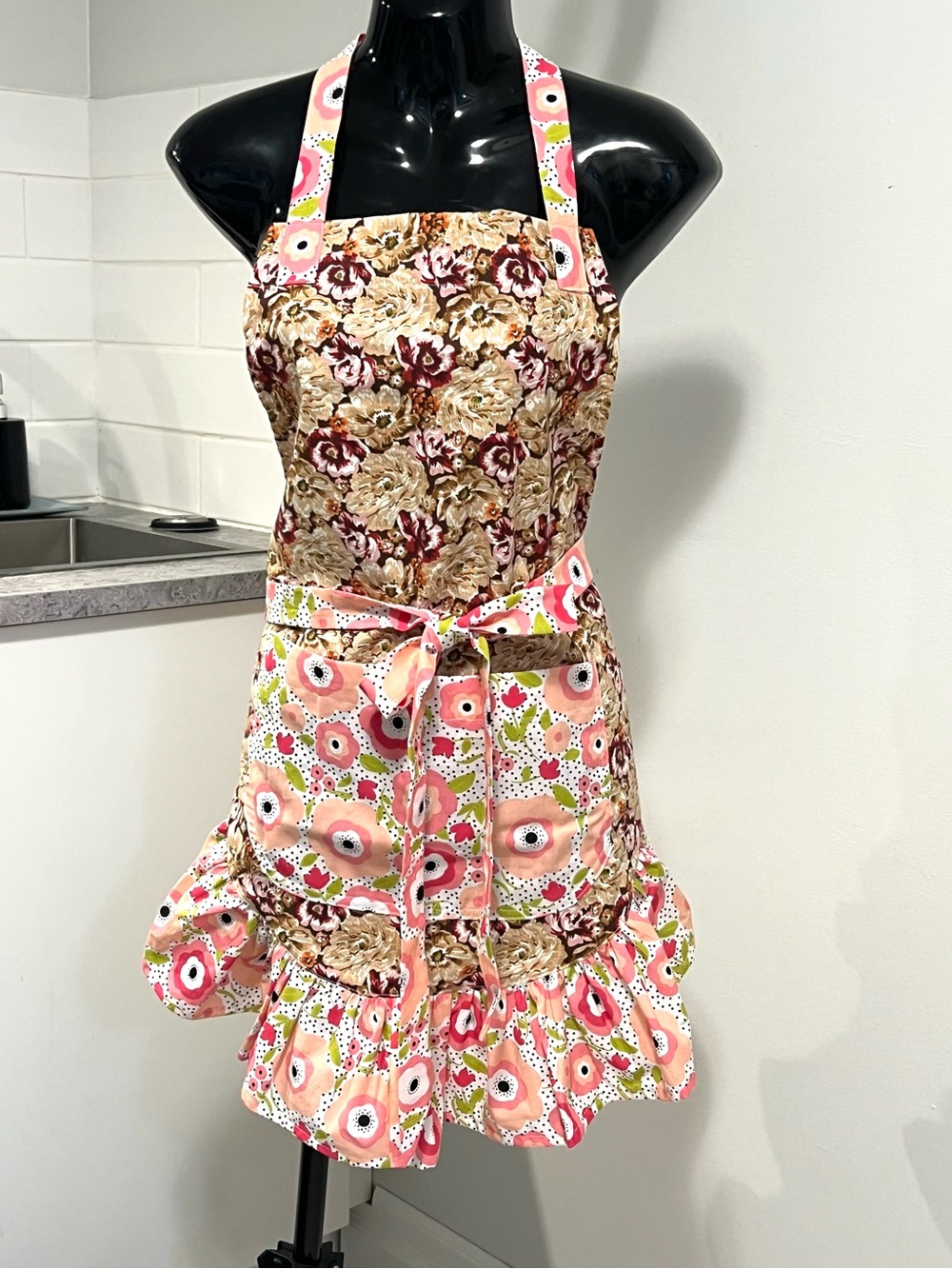 Handmade,Floral Garden Apron in Pink, Peach & Beige